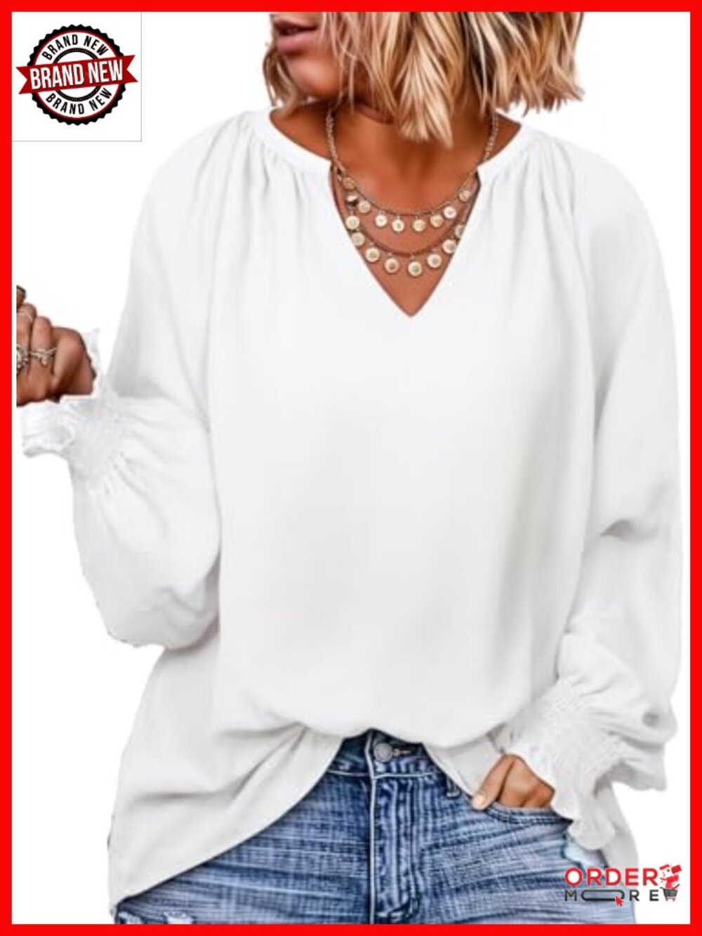 Womens Plus Size V Neck Smocked Long Sleeve Chiffon Blouse Flowy Work Tunic Top